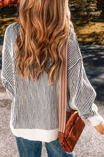 Striped Textured Knit Loose Sweater