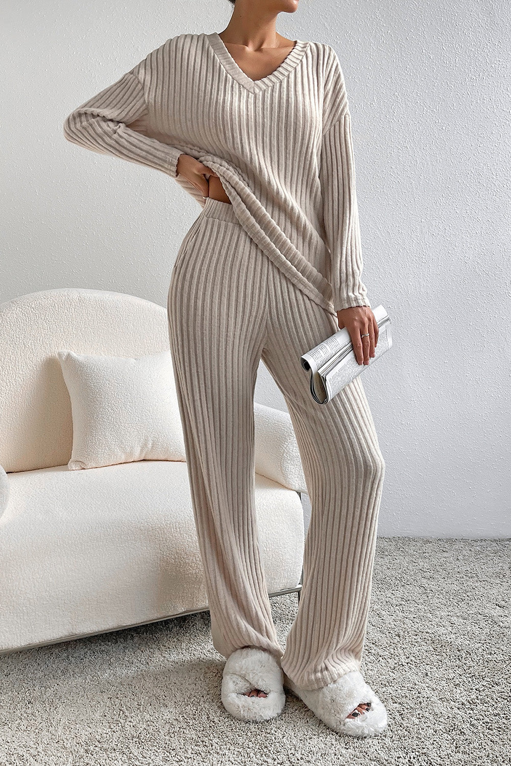 Ribbed Knit V Neck Slouchy Two-piece Outfit