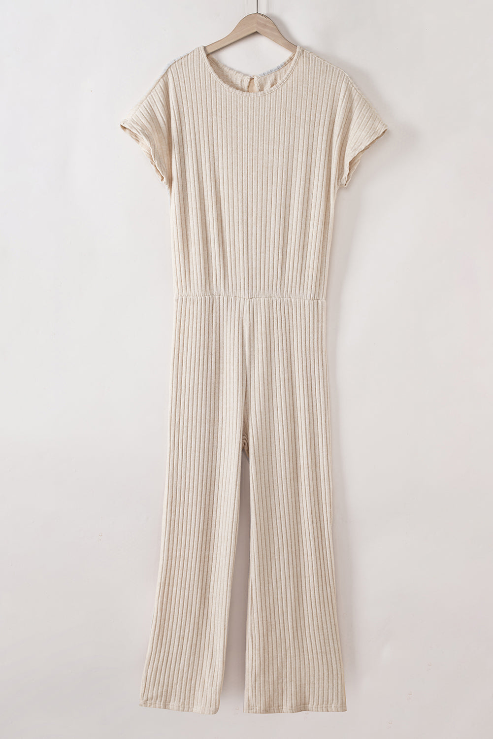 Parchment Solid Color Ribbed Short Sleeve Wide Leg Jumpsuit