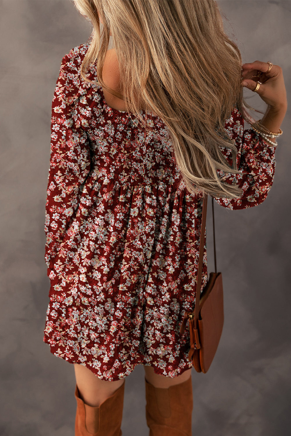 Floral Print Sweetheart Neck Shirred Back Mini Dress