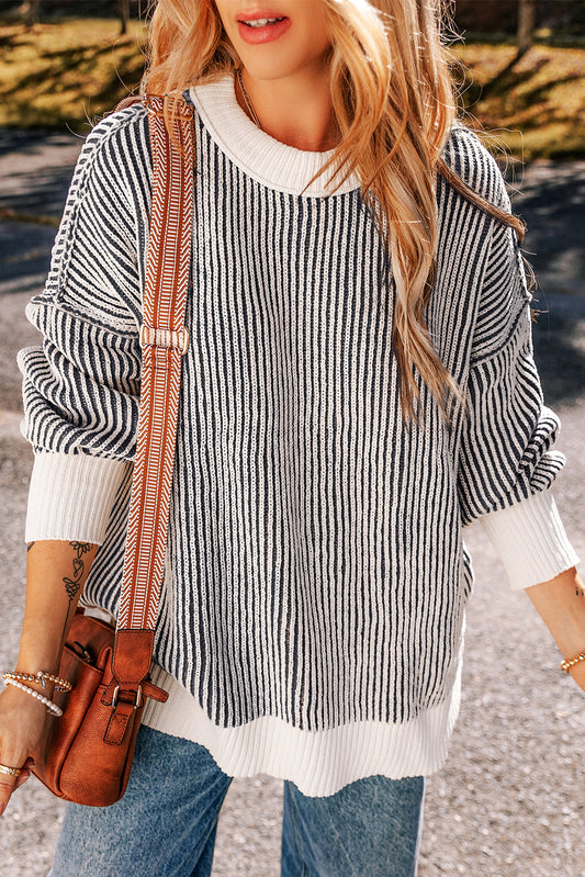 Striped Textured Knit Loose Sweater