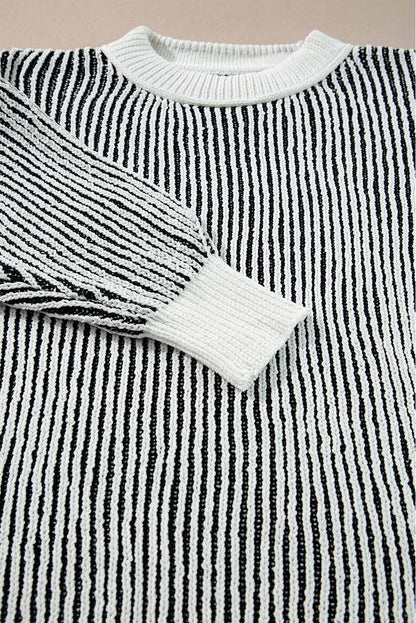 Striped Textured Knit Loose Sweater