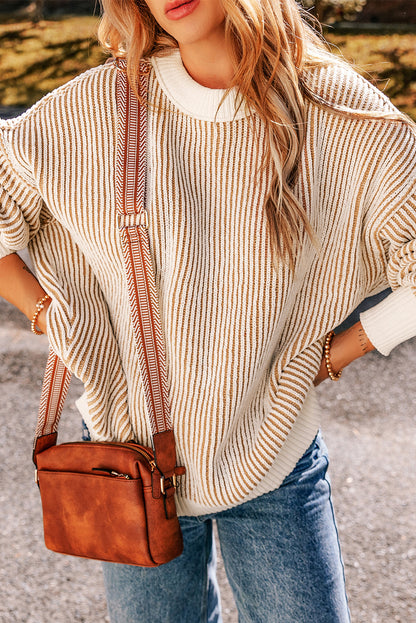 Striped Textured Knit Loose Sweater