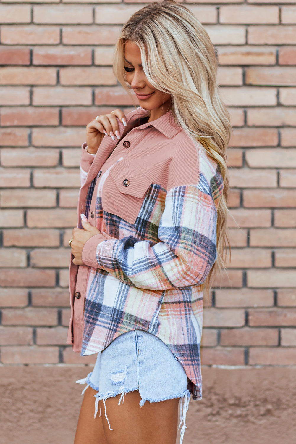 Plaid Corduroy Patchwork Chest Pocket Shacket