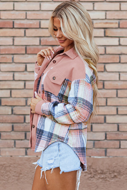 Plaid Corduroy Patchwork Chest Pocket Shacket