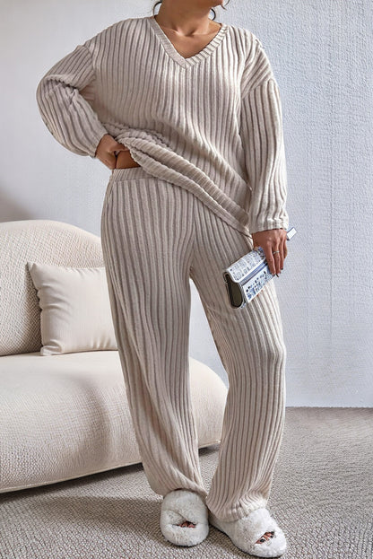 Plus Size Ribbed V Neck Pullover and Pants Set